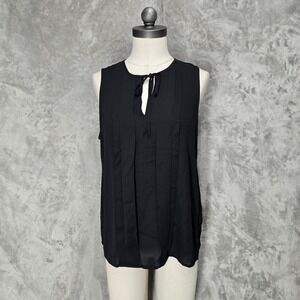 JCrew Sleeveless Blouse Top Women M Black Pleated Keyhole Tie Minimalist Capsule